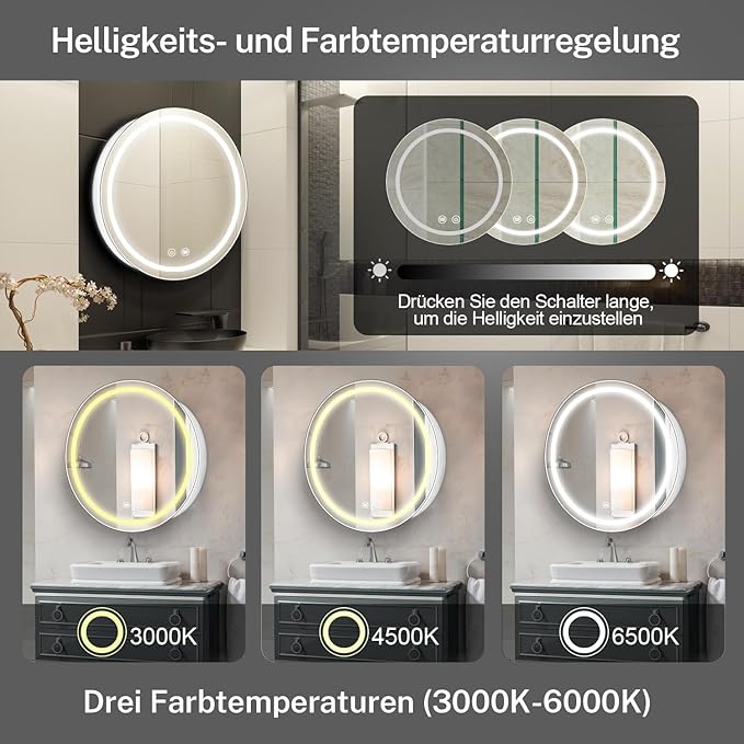 Rund Spegelskåp med LED & Anti-fog 3000k-65000k – Den ultimata uppgraderingen för ditt badrum