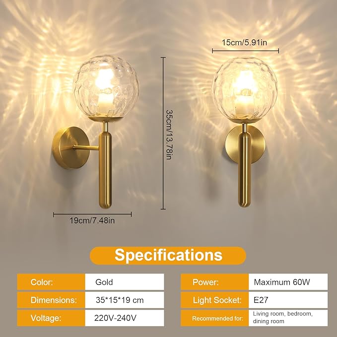 DELIPOP Modern Vägglampa – Elegant guldfinish med glaskupa