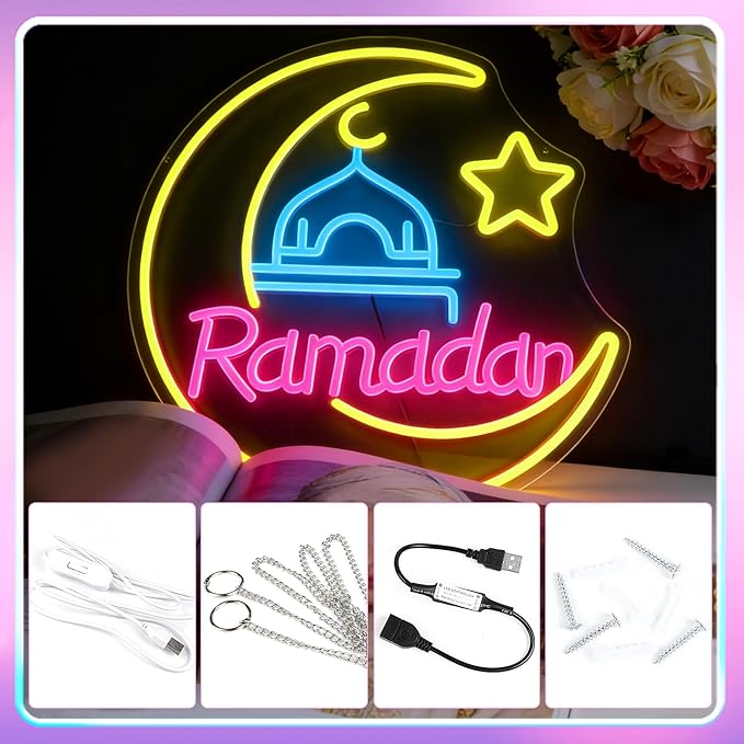 Neon-skylt "Ramadan Måne" – Dekorativ stämningsbelysning för hemmet 38cm