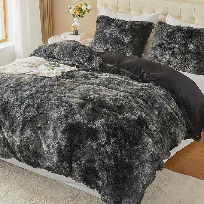 EMME Lyxigt Påslakanset i fuskpäls – Mjukt & Varmt (200x200cm, Svart)