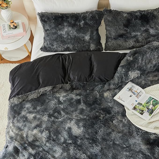 EMME Lyxigt Påslakanset i fuskpäls – Mjukt & Varmt (200x200cm, Svart)