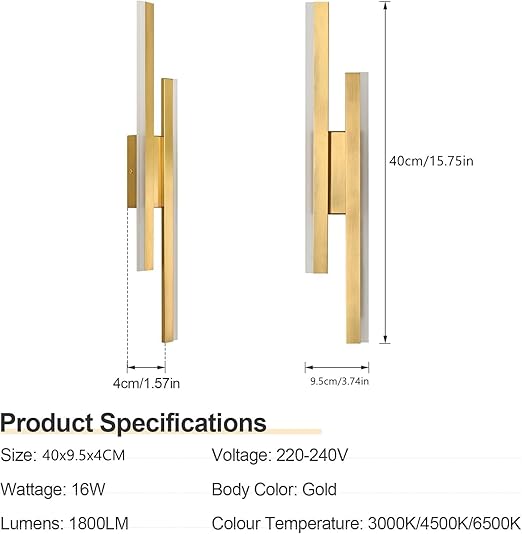DELIPOP Modern Vägglampa – 3 valbara ljuslägen i stilren guldfinish (16W)  3000K/4500K/6500K [Energy Class E]