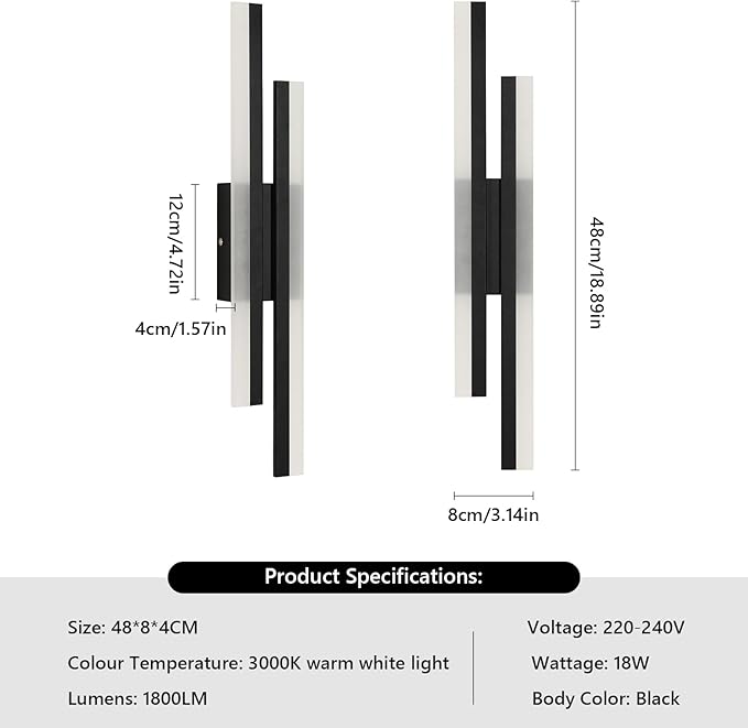 DELIPOP Modern Vägglampa – Elegant, långsträckt design i mattsvart (18W)