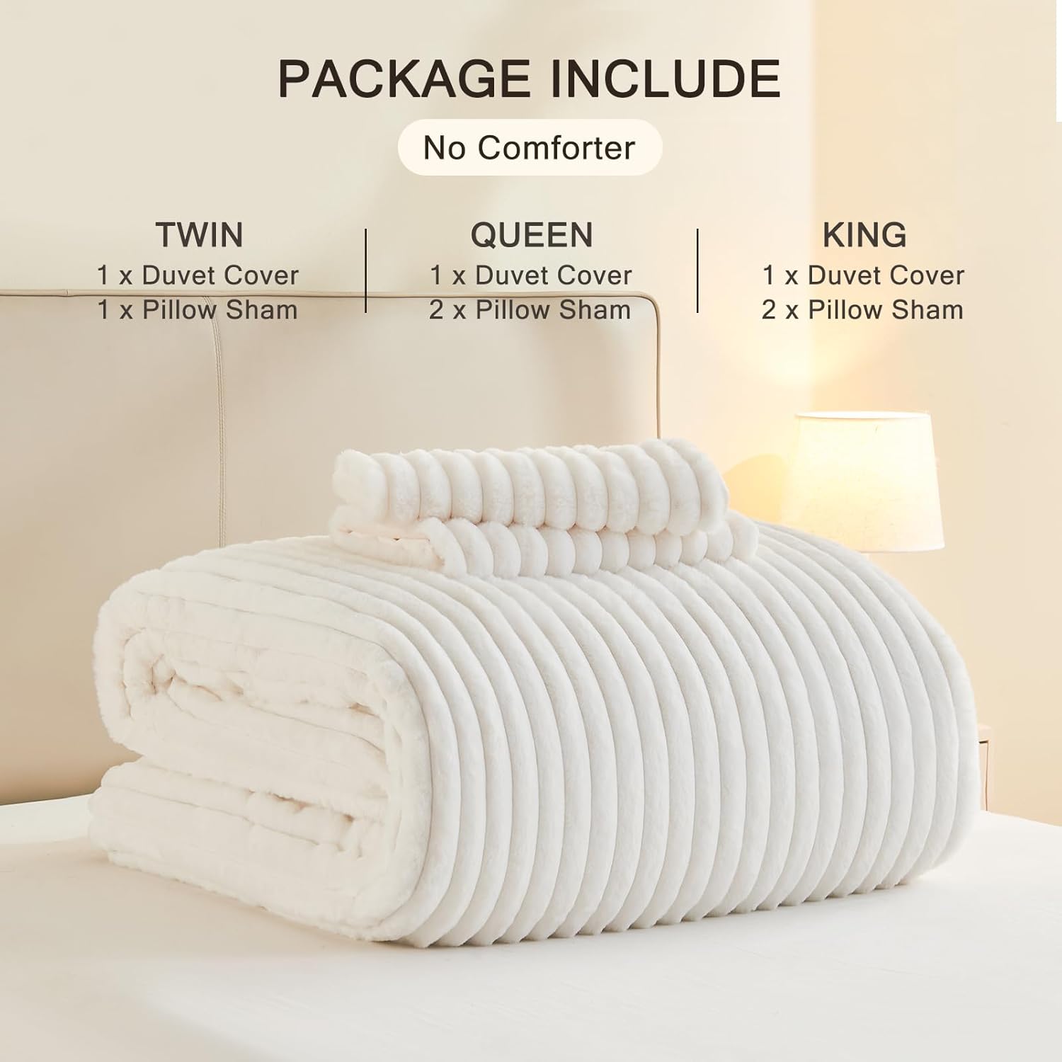 EMME Lyxigt Bäddset i fuskpäls – Elegant randig design (200x200cm, Vit)
