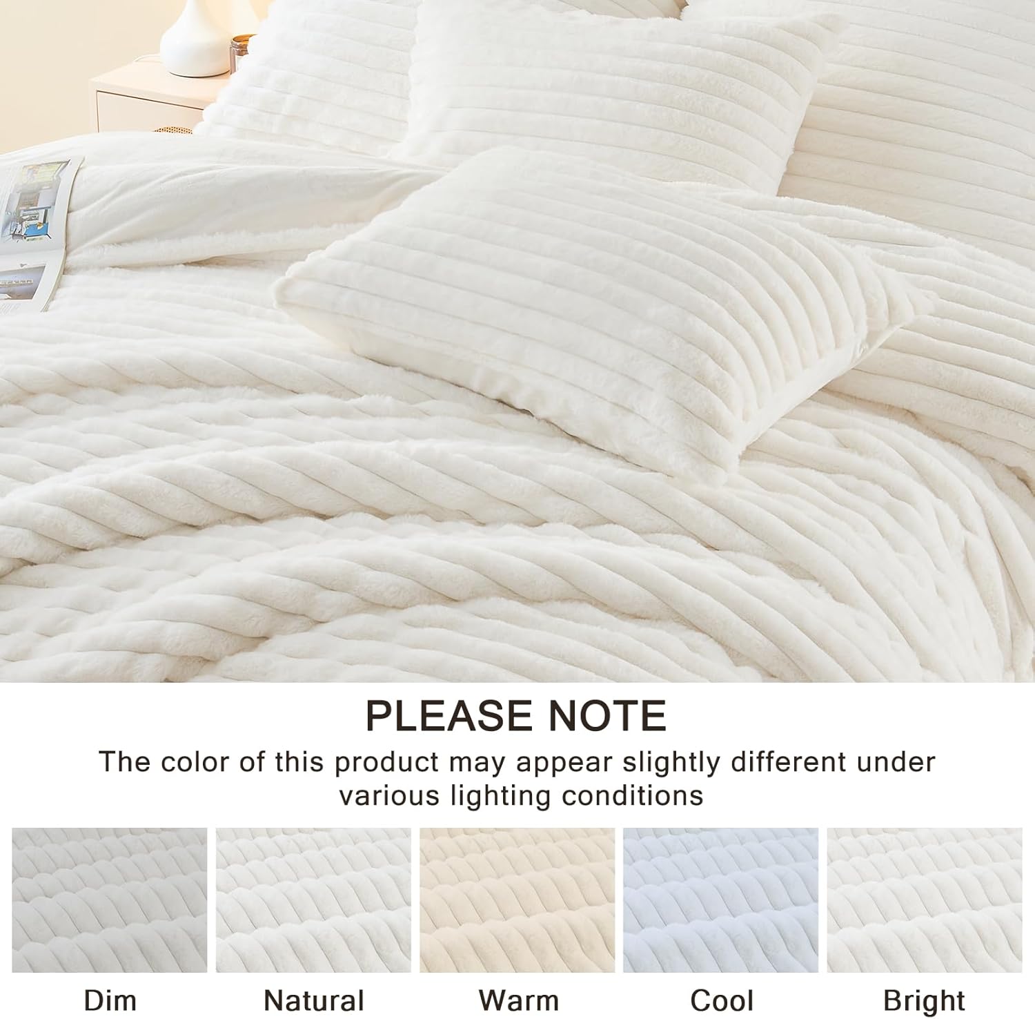 EMME Lyxigt Bäddset i fuskpäls – Elegant randig design (200x200cm, Vit)