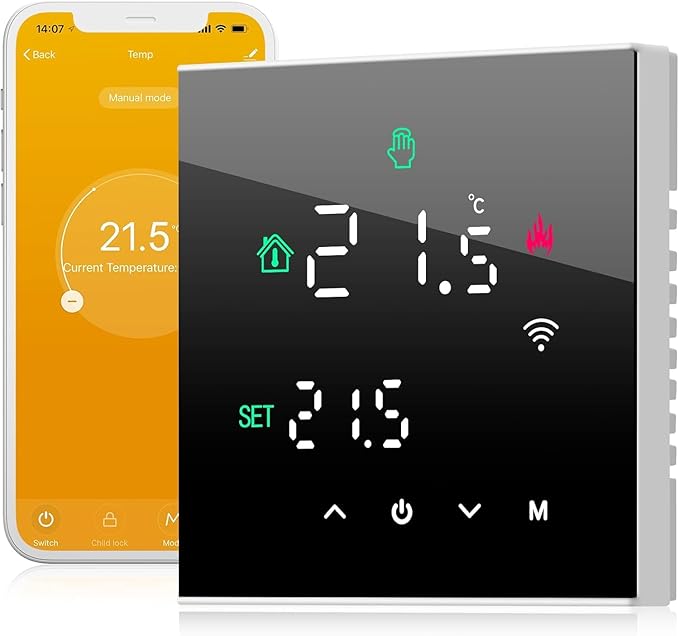 TGW60B Smart Wi-Fi Termostat – Tydlig display och full kontroll Kompatibel med Alexa, Google Home 3A TGW60B-WIFI-WPB Black