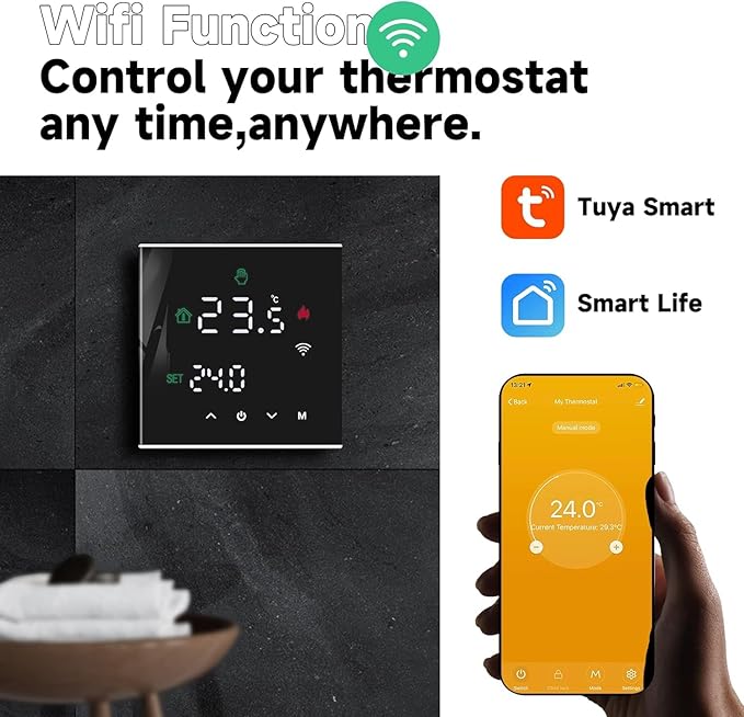 TGW60B Smart Wi-Fi Termostat – Tydlig display och full kontroll Kompatibel med Alexa, Google Home 3A TGW60B-WIFI-WPB Black