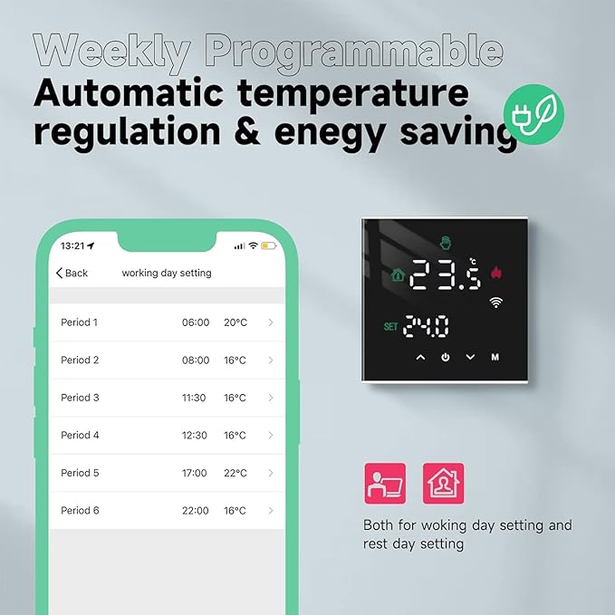 TGW60B Smart Wi-Fi Termostat – Tydlig display och full kontroll Kompatibel med Alexa, Google Home 3A TGW60B-WIFI-WPB Black