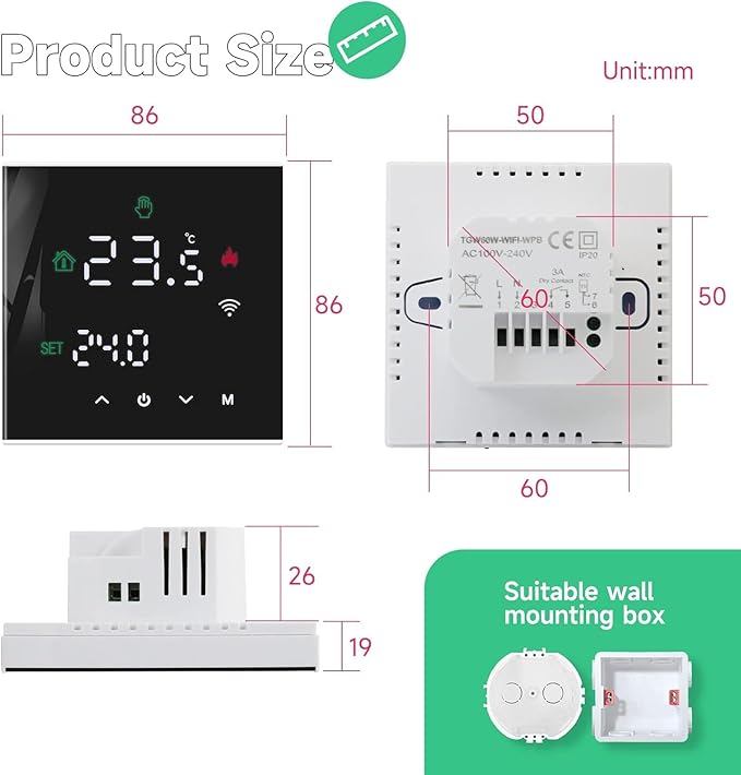 TGW60B Smart Wi-Fi Termostat – Tydlig display och full kontroll Kompatibel med Alexa, Google Home 3A TGW60B-WIFI-WPB Black